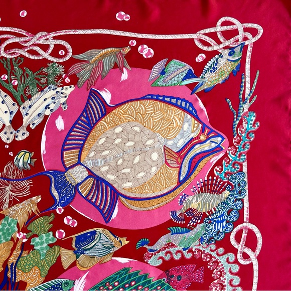 Hermes Vintage 1992 Nautical 'Grands Fonds' Silk Carré Scarf Crimson - Picture 7 of 13